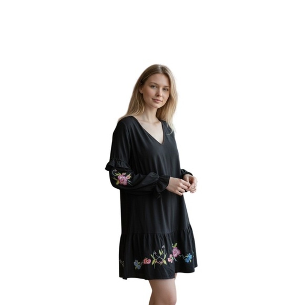 ASOS Black Embroidered Floral Ruffle Sleeve‎ Tiered Mini Dress UK 8 US 4